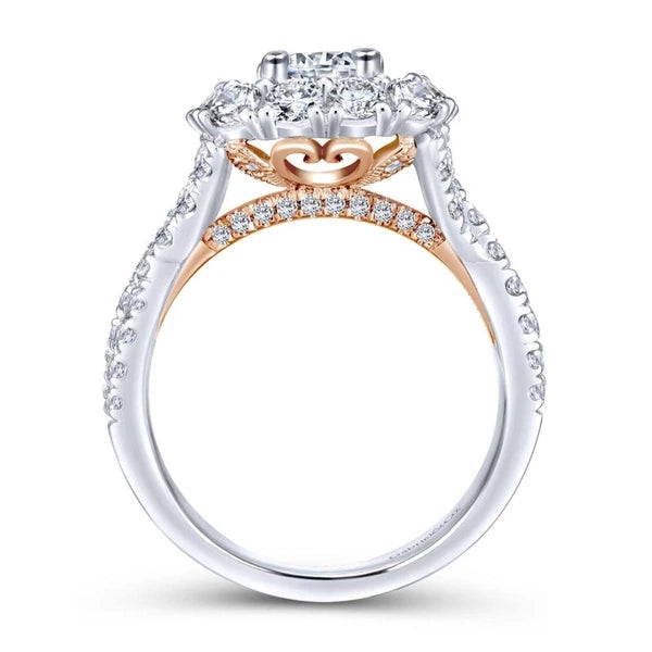 14K White-Rose Gold Round Double Halo Diamond Engagement Ring