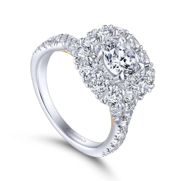 14K White-Rose Gold Round Double Halo Diamond Engagement Ring