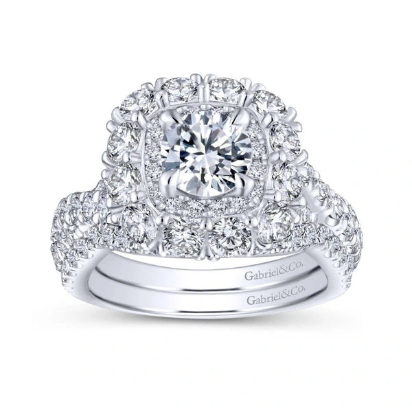 14K White-Rose Gold Round Double Halo Diamond Engagement Ring