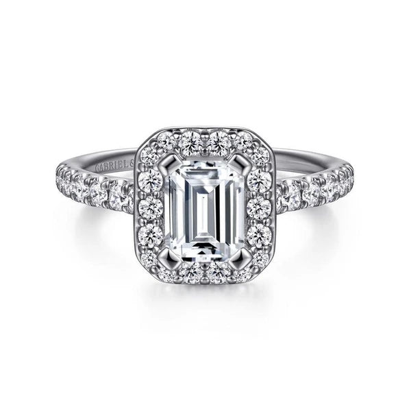 14K White Gold Halo Emerald Cut Diamond Engagement Ring