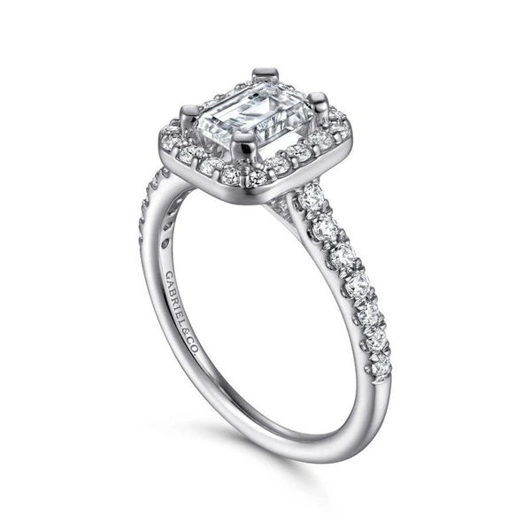 14K White Gold Halo Emerald Cut Diamond Engagement Ring