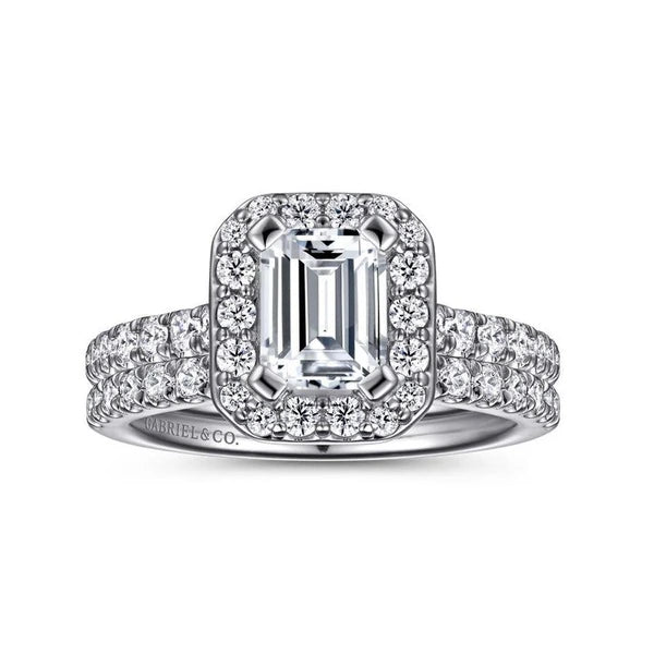 14K White Gold Halo Emerald Cut Diamond Engagement Ring