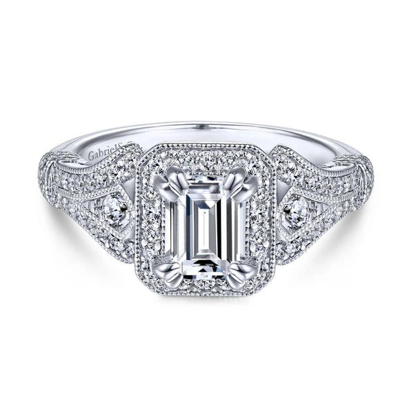 Vintage 14K White Gold Halo Emerald Cut Diamond Engagement Ring