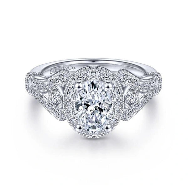 Vintage 14K White Gold Oval Halo Diamond Engagement Ring