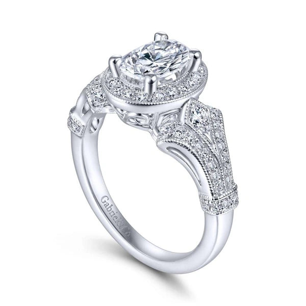 Vintage 14K White Gold Oval Halo Diamond Engagement Ring