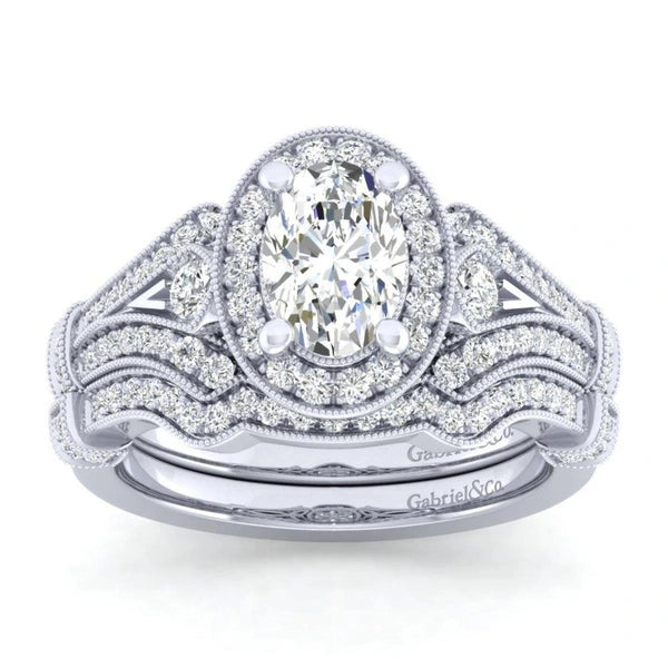 Vintage 14K White Gold Oval Halo Diamond Engagement Ring