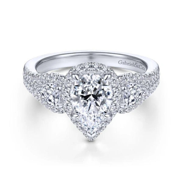 14K White Gold Pear Shape Three Stone Halo Diamond Engagement Ring