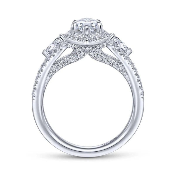 14K White Gold Pear Shape Three Stone Halo Diamond Engagement Ring