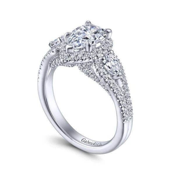 14K White Gold Pear Shape Three Stone Halo Diamond Engagement Ring