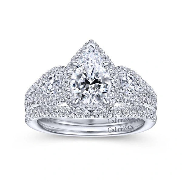 14K White Gold Pear Shape Three Stone Halo Diamond Engagement Ring