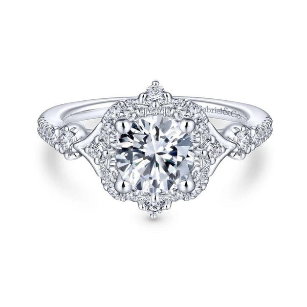 Unique 14K White Gold Vintage Inspired Halo Diamond Engagement Ring