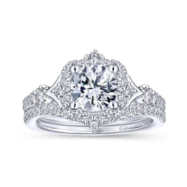 Unique 14K White Gold Vintage Inspired Halo Diamond Engagement Ring