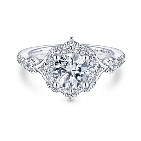 Unique 14K White Gold Vintage Inspired Halo Diamond Engagement Ring