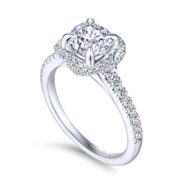 14K White Gold Cushion Halo Round Diamond Engagement Ring