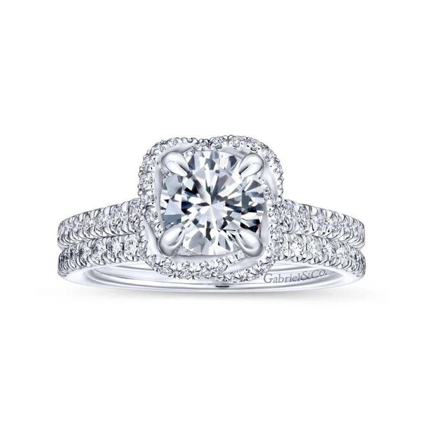 14K White Gold Cushion Halo Round Diamond Engagement Ring