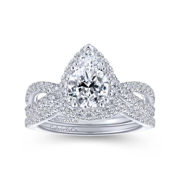 14K White Gold Pear Shape Halo Diamond Engagement Ring