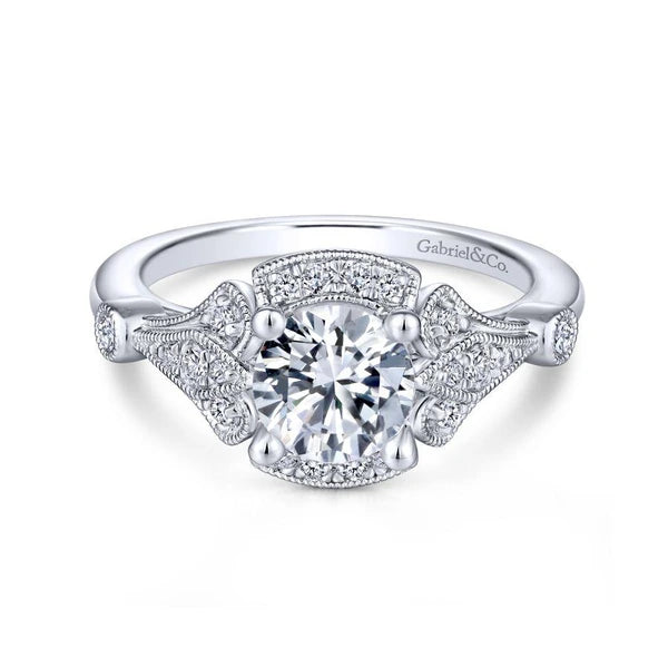 Unique 14K White Gold Art Deco Halo Engagement Ring