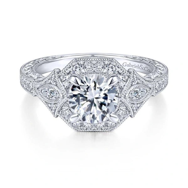Art Deco 14K White Gold Round Halo Diamond Engagement Ring