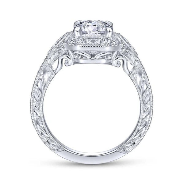 Art Deco 14K White Gold Round Halo Diamond Engagement Ring