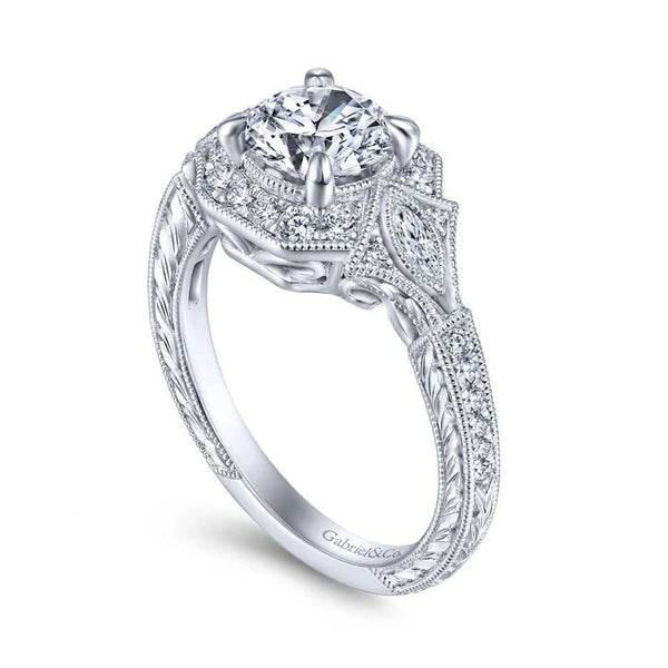 Art Deco 14K White Gold Round Halo Diamond Engagement Ring