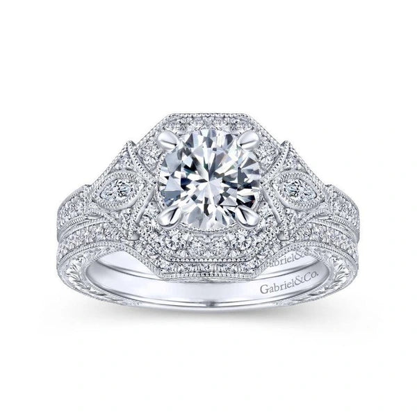 Art Deco 14K White Gold Round Halo Diamond Engagement Ring