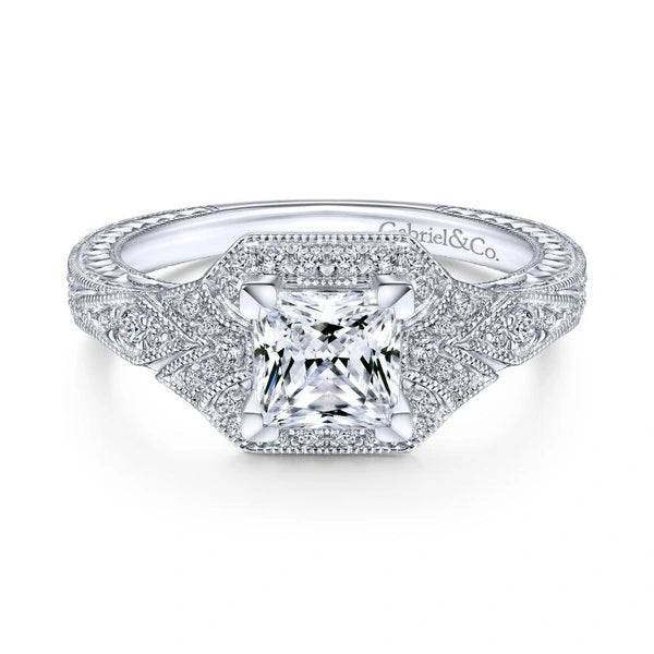 Unique 14K White Gold Art Deco Princess Cut Halo Engagement Ring