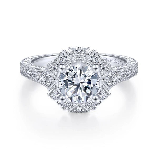 Unique 14K White Gold Art Deco Halo Engagement Ring