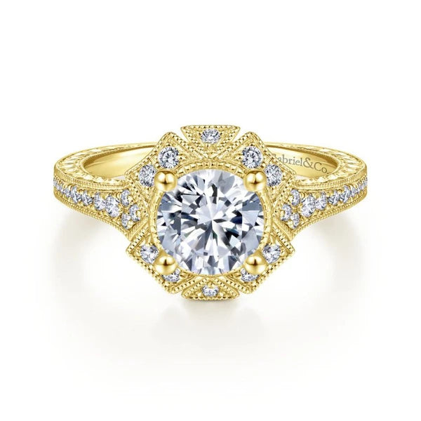 Art Deco 14K Yellow Gold Fancy Halo Round Diamond Engagement Ring
