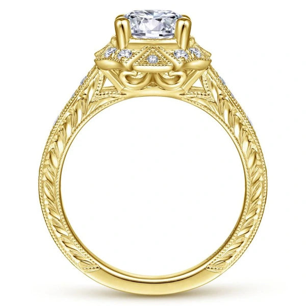 Art Deco 14K Yellow Gold Fancy Halo Round Diamond Engagement Ring