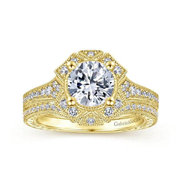 Art Deco 14K Yellow Gold Fancy Halo Round Diamond Engagement Ring