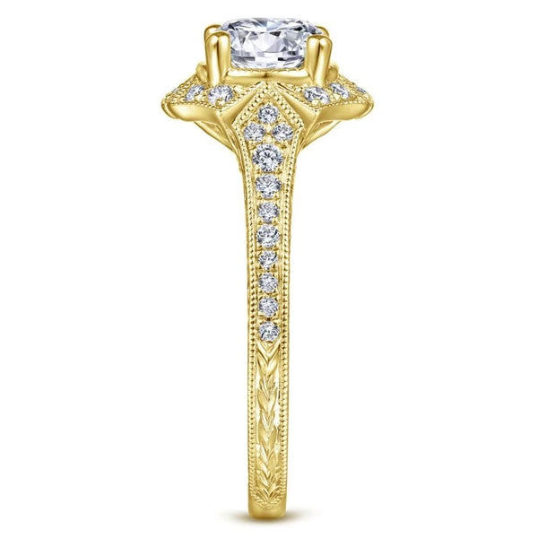 Art Deco 14K Yellow Gold Fancy Halo Round Diamond Engagement Ring