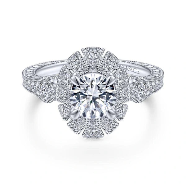 Unique 14K White Gold Art Deco Halo Engagement Ring