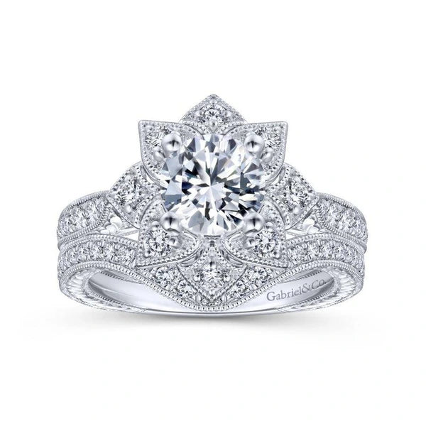 Unique 14K White Gold Halo Diamond Engagement Ring