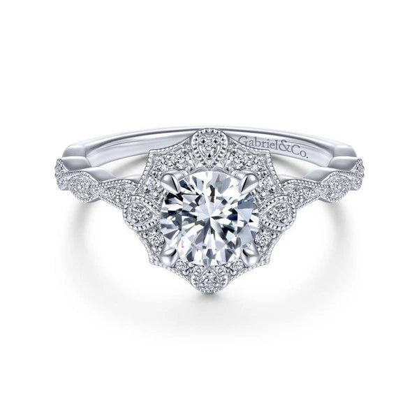 Unique 14K White Gold Art Deco Halo Diamond Engagement Ring