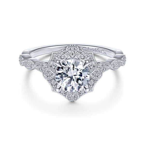 Unique 14K White Gold Art Deco Halo Diamond Engagement Ring