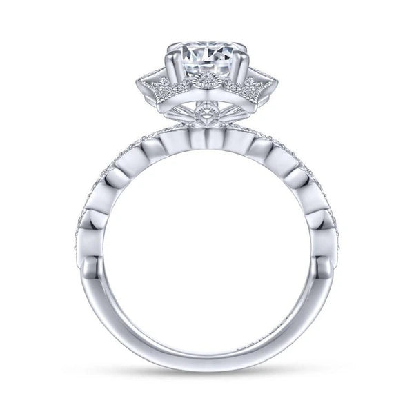 Unique 14K White Gold Art Deco Halo Diamond Engagement Ring
