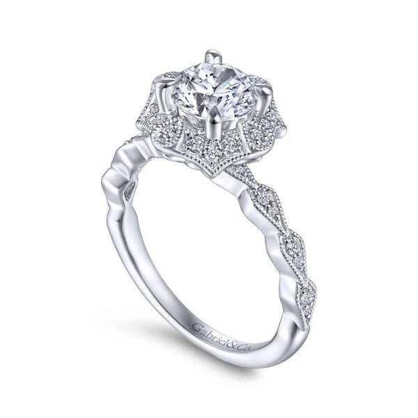 Unique 14K White Gold Art Deco Halo Diamond Engagement Ring