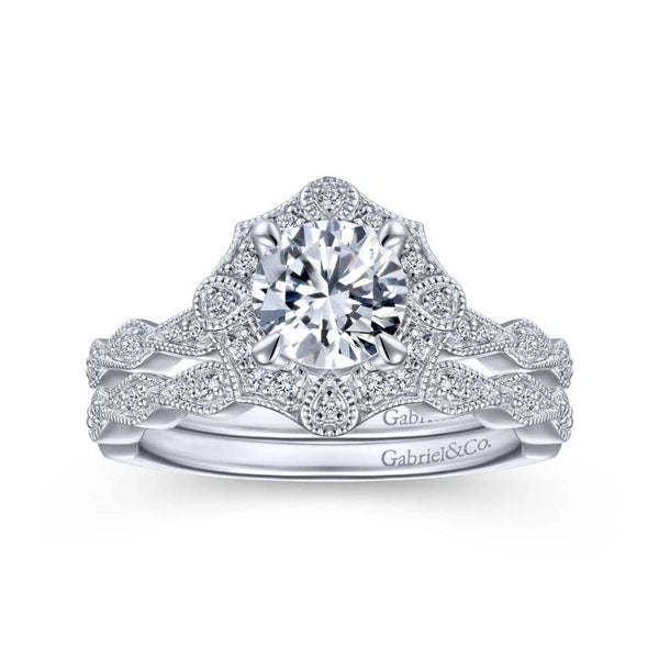 Unique 14K White Gold Art Deco Halo Diamond Engagement Ring