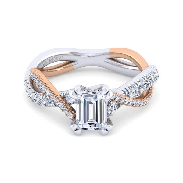 14K White-Rose Gold Emerald Cut Diamond Twisted Engagement Ring