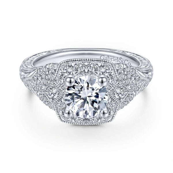 Vintage 14K White Gold Round Halo Diamond Engagement Ring