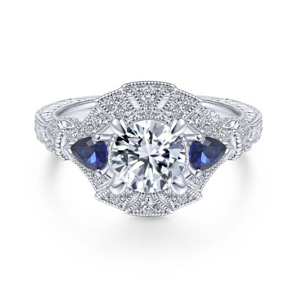 14K White Gold Round Sapphire and Diamond Engagement Ring
