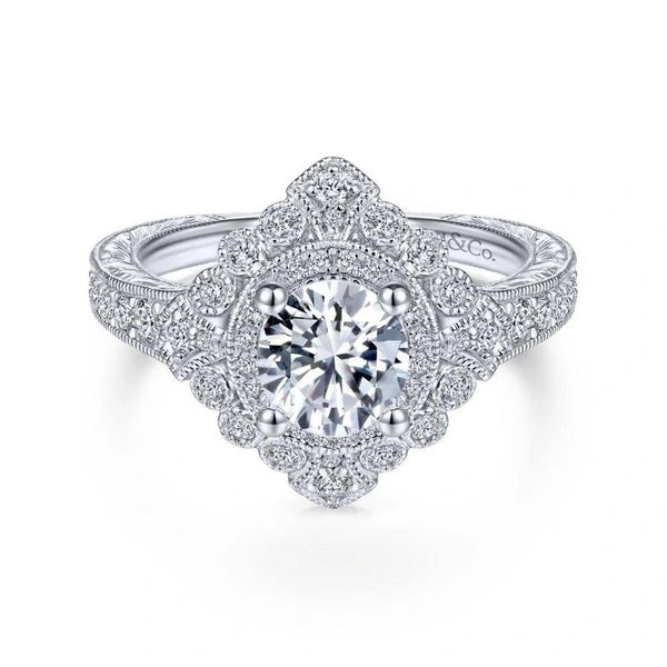 Vintage Inspired 14K White Gold Round Double Halo Diamond Engagement Ring