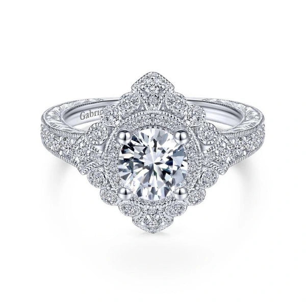 Vintage Inspired 14K White Gold Round Double Halo Diamond Engagement Ring