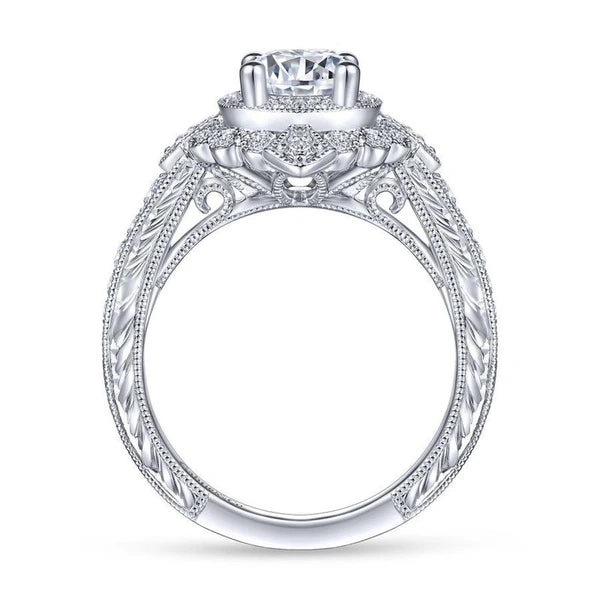 Vintage Inspired 14K White Gold Round Double Halo Diamond Engagement Ring