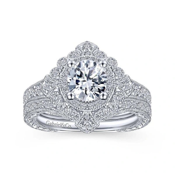 Vintage Inspired 14K White Gold Round Double Halo Diamond Engagement Ring