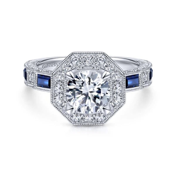 Art Deco 14K White Gold Octagonal Halo Round Sapphire and Diamond Engagement Ring