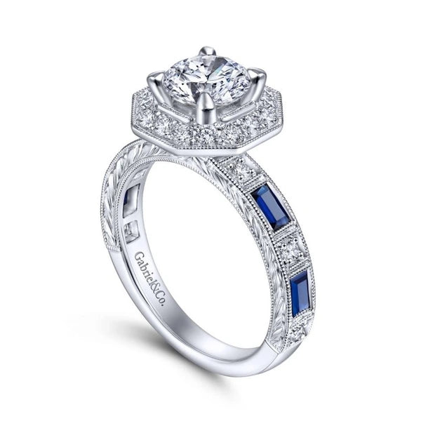 Art Deco 14K White Gold Octagonal Halo Round Sapphire and Diamond Engagement Ring