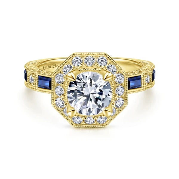 Art Deco 14K Yellow Gold Octagonal Halo Round Sapphire and Diamond Engagement Ring