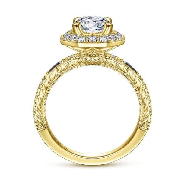 Art Deco 14K Yellow Gold Octagonal Halo Round Sapphire and Diamond Engagement Ring