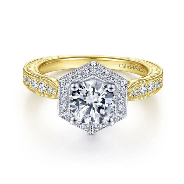 Art Deco 14K White-Yellow Gold Hexagonal Halo Round Diamond Engagement Ring
